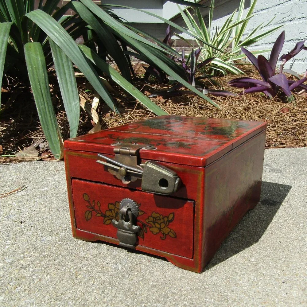 Vintage Chinese Red Lacquer Vanity Jewelry Box with Mirror & Dragon Motif